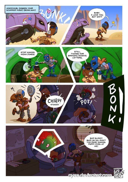 Ahkmou gets kisses on his scarred nose with a bonk sound effect from different people: The talking Rahkshi affectionately headbutts Ahkmou. Macku smacks Ahkmou over the head for a mean joke, but gives him a peck for delivering Hewkii's letters. Back at Ahkmou's hut while he sleeps, a kraata of quick teleportation tries to chirp for food then drops his food bowl on Ahkmou to wake him up.